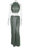 Green Elegant Solid Color Patchwork Ruched O Neck Two Pieces