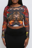 Yellow Casual Print Patchwork O Neck Tops