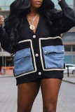 Blue Casual Pocket Buckle Patchwork Contrast V Neck Tops