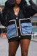 Black Casual Pocket Buckle Patchwork Contrast V Neck Tops