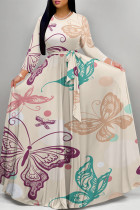 Apricot Casual Street Floral Print Butterfly Lace Up O Neck Printed Dresses