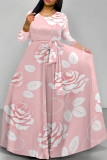 Pink Casual Street Floral Print Butterfly Lace Up O Neck Printed Dresses