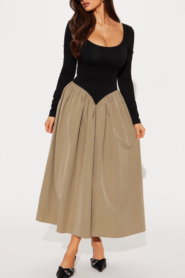 Khaki Daily Patchwork Contrast U Neck Long Dresses