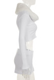 White Sexy Solid Color Hollow Out Patchwork Slit Turndown Collar Long Sleeve Two Pieces