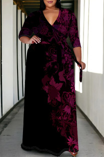 Black Casual Street Floral Print Camouflage Print Gradient Lace Up Contrast V Neck Printed Plus Size Dresses