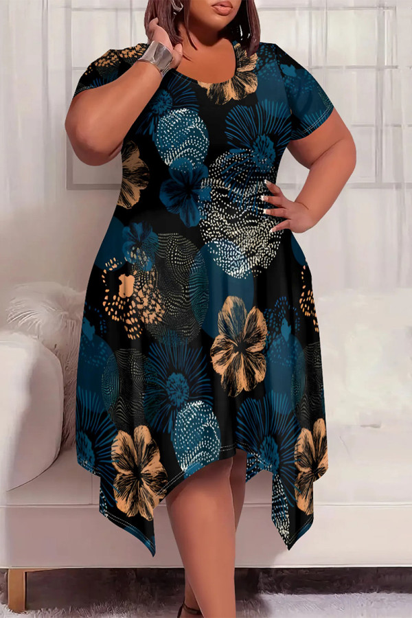 Black Casual Street Geometric Print Floral Print Pocket Irregular Contrast O Neck Irregular Plus Size Dresses