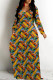 Blue Yellow Casual Street Letter Print Flowers Pocket Contrast V Neck Printed Dresses