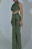 Green Elegant Solid Color Patchwork Ruched O Neck Two Pieces