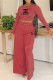 Red Casual Striped Print Letters Contrast O Neck Long Sleeve Two Pieces