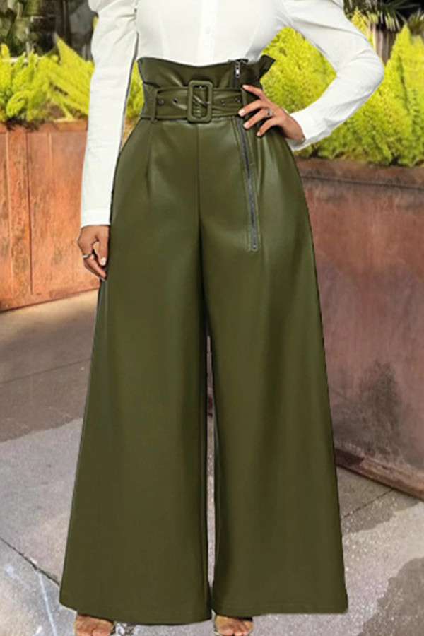 Army Green Street Solid Color Patchwork With Belt Zipper Loose High Waist Wide Leg Patchwork Bottoms
