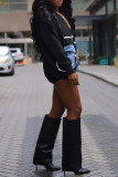 Blue Casual Pocket Buckle Patchwork Contrast V Neck Tops