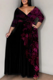 Black Casual Street Floral Print Camouflage Print Gradient Lace Up Contrast V Neck Printed Plus Size Dresses