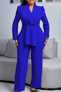 Royal Blue Casual Solid Color Patchwork V Neck Long Sleeve Two Pieces