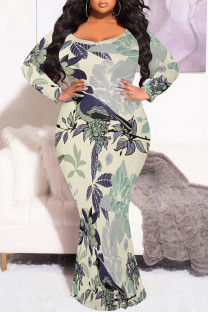 Light Apricot Sexy Floral Print Contrast O Neck Printed Plus Size Dresses