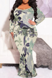 White Purple Sexy Floral Print Contrast O Neck Printed Plus Size Dresses