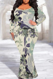 White Purple Sexy Floral Print Contrast O Neck Printed Plus Size Dresses