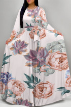 Light Pink Casual Street Floral Print Butterfly Lace Up O Neck Printed Dresses