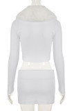 White Sexy Solid Color Hollow Out Patchwork Slit Turndown Collar Long Sleeve Two Pieces