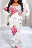 White Purple Sexy Floral Print Contrast O Neck Printed Plus Size Dresses
