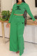 Green Casual Striped Print Letters Contrast O Neck Long Sleeve Two Pieces