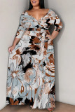 Black Casual Street Floral Print Camouflage Print Gradient Lace Up Contrast V Neck Printed Plus Size Dresses