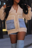 Blue Casual Pocket Buckle Patchwork Contrast V Neck Tops