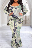 White Purple Sexy Floral Print Contrast O Neck Printed Plus Size Dresses