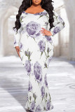 White Purple Sexy Floral Print Contrast O Neck Printed Plus Size Dresses