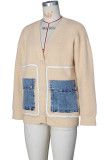 Blue Casual Pocket Buckle Patchwork Contrast V Neck Tops