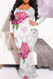 White Purple Sexy Floral Print Contrast O Neck Printed Plus Size Dresses