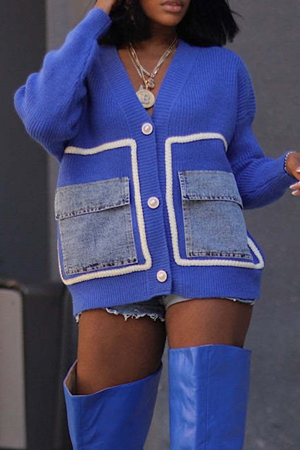 Blue Casual Pocket Buckle Patchwork Contrast V Neck Tops