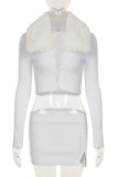 White Sexy Solid Color Hollow Out Patchwork Slit Turndown Collar Long Sleeve Two Pieces