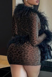 Brown Sexy Leopard Print Fringed Trim Patchwork Deep V Neck Long Sleeve Two Pieces