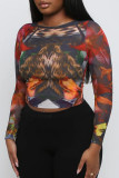 Yellow Casual Print Patchwork O Neck Tops