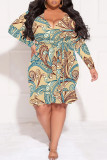 Colour Sexy Street Floral Print Lace Up Ruffle Contrast V Neck Printed Plus Size Dresses