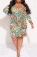 Khaki Sexy Street Floral Print Lace Up Ruffle Contrast V Neck Printed Plus Size Dresses