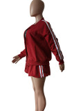 Red Casual Draw String Patchwork Zipper Contrast Zipper Collar Long Sleeve Two Pieces