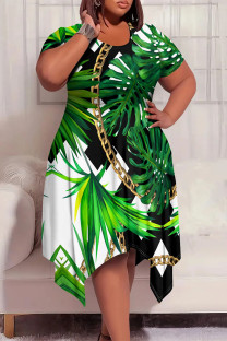 White Green Casual Street Geometric Print Floral Print Pocket Irregular Contrast O Neck Irregular Plus Size Dresses