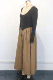 Khaki Daily Patchwork Contrast U Neck Long Dresses