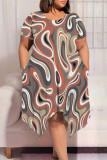 Black Casual Street Geometric Print Floral Print Pocket Irregular Contrast O Neck Irregular Plus Size Dresses