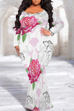 White Purple Sexy Floral Print Contrast O Neck Printed Plus Size Dresses