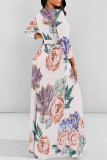 Pink Casual Street Floral Print Butterfly Lace Up O Neck Printed Dresses