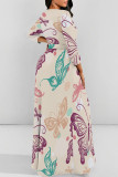 Pink Casual Street Floral Print Butterfly Lace Up O Neck Printed Dresses