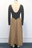 Khaki Daily Patchwork Contrast U Neck Long Dresses