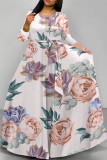 Pink Casual Street Floral Print Butterfly Lace Up O Neck Printed Dresses