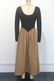 Khaki Daily Patchwork Contrast U Neck Long Dresses