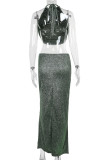 Green Elegant Solid Color Patchwork Ruched O Neck Two Pieces