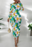 Tibetan Blue Casual Print Patchwork O Neck Wrapped Skirt Dresses
