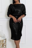 Pink Party Formal Elegant Solid Color Sequins Patchwork Oblique Collar Long Sleeve Two Pieces