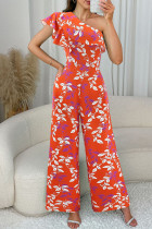 Tangerine Red Casual Print Patchwork Ruffled Trim Oblique Collar Loose Jumpsuits
